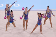 <p>Athletes of the Israeli team perform during the women's final group all-around rhythmic gymnastics event at the Ariake Gymnastics Centre as part of the 2020 Summer Olympic Games. Sergei Bobylev/TASS (Photo by Sergei Bobylev\TASS via Getty Images)</p> 