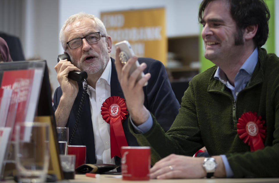 Labour leader Jeremy Corbyn joins a phone banking session with party activists at the Scottish Labour Party headquarters in Glasgow, while on the General Election campaign trail.