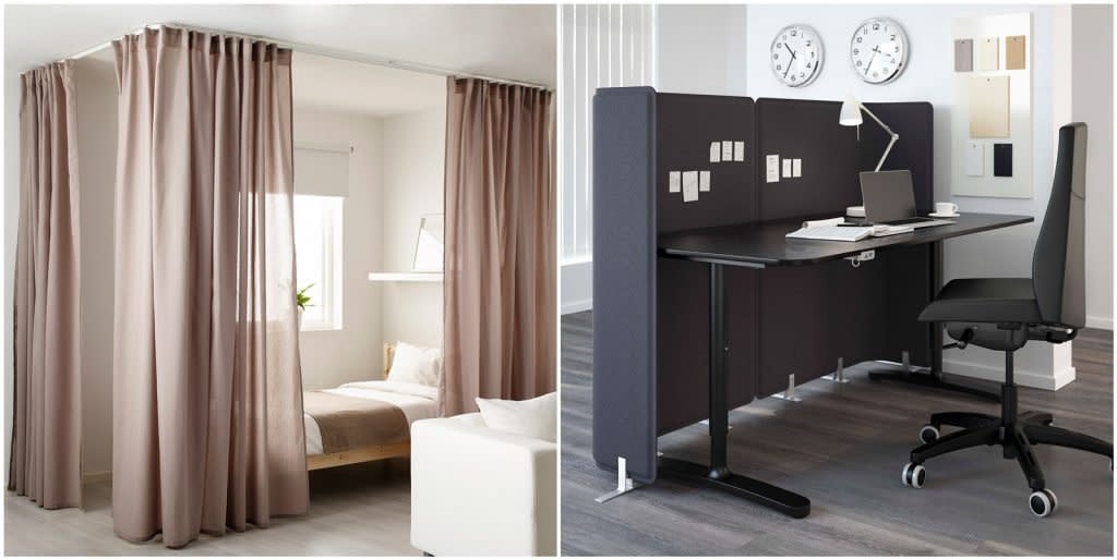 IKEA has organizational devices for small spaces such as the VIDGA, which is a curtain-like room divider and a BEKANT, which is a narrow standing desk. 