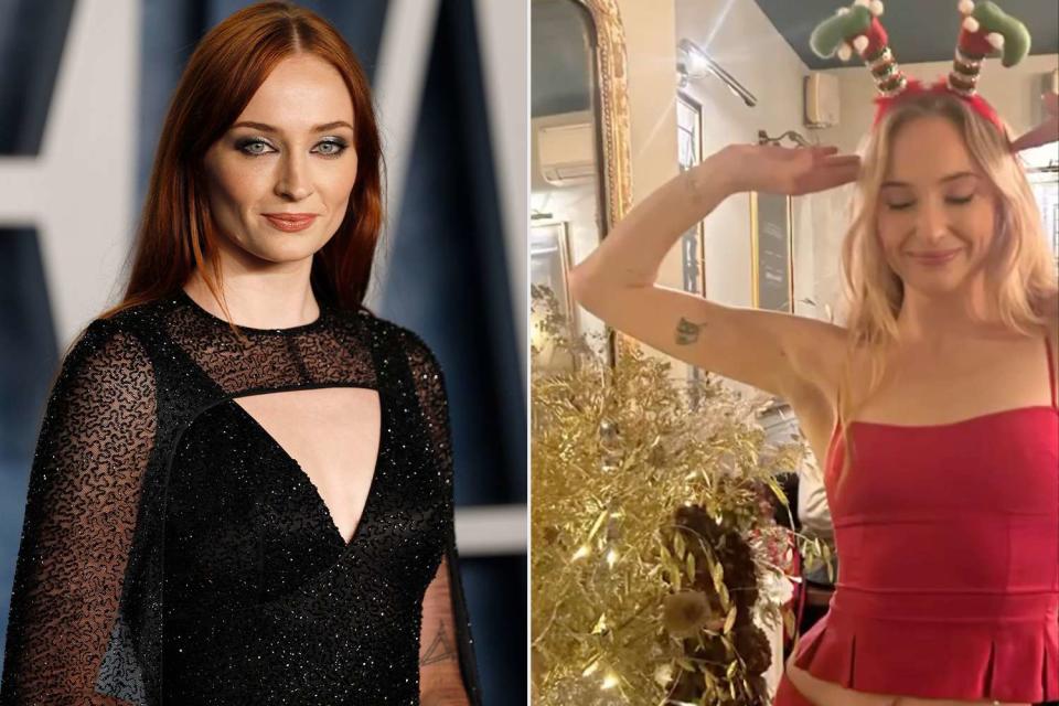 <p>Getty;Sophie Turner/Instagram</p> Sophie Turner wears a festive red outfit in a photo shared on Instagram.