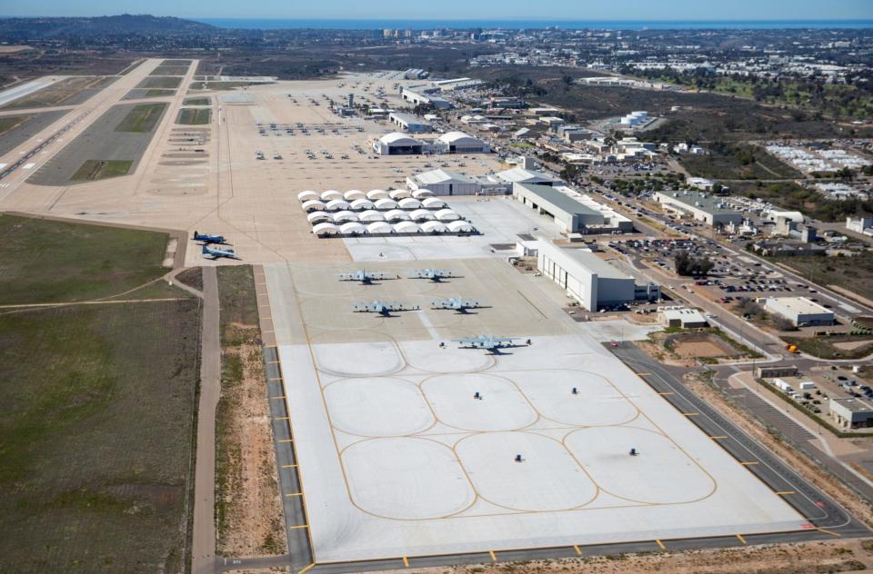 An aerial view of the flight line on Marine Corps Air Station Miramar, San Diego, California, Feb. 22, 2021. <em>U.S. Marine Corps photo by Lance Cpl . Krysten Houk</em>