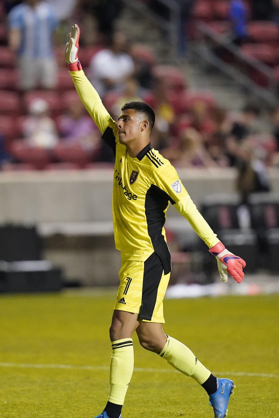 Real Salt Lake goalkeeper David Ochoa (1) waves to fans following an MLS soccer match against Nashville SC, Saturday, May 15, 2021, in Salt Lake City. (AP Photo/Rick Bowmer)