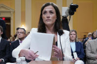 Cassidy Hutchinson, former aide to Trump White House chief of staff Mark Meadows, arrives to testify as the House select committee investigating the Jan. 6 attack on the U.S. Capitol continues to reveal its findings of a year-long investigation, at the Capitol in Washington, Tuesday, June 28, 2022. (AP Photo/Jacquelyn Martin)