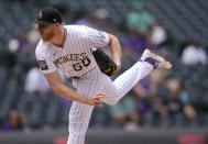 Colorado Rockies starting pitcher Jon Gray works against the Arizona Diamondbacks in the first inning of a baseball game Sunday, May 23, 2021, in Denver. (AP Photo/David Zalubowski)