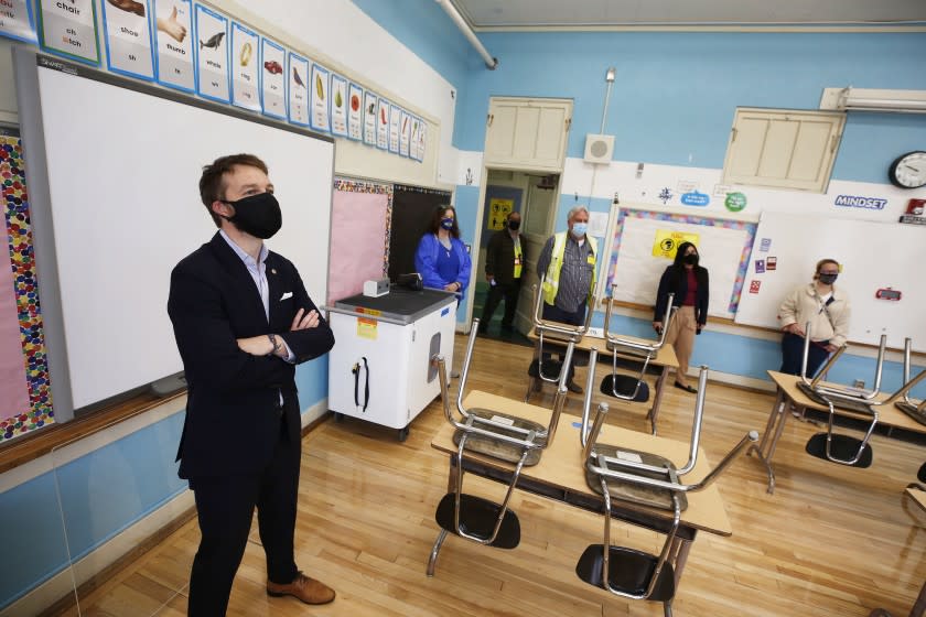 WEST HOLLYWOOD, CA - MARCH 18: Los Angeles Unified School District (LAUSD) Board Member Nick Melvoin, representing District 4 visits West Hollywood Elementary School fourth grade classroom of teacher Kyle Baxendale at West Hollywood Elementary School as Melvoin visits West Hollywood Elementary School and various other schools in his district do an official check on preparations for reopening. The walking tour included the principal, Dr. Elizabeth Lehmann, LAUSD officials, a parent, West Hollywood Mayor Lindsay Horvath and Franny Parrish, with (CSEA), which represents school clerical workers and library aides, as they viewed modifications made to the school with COVID-19 considerations. West Hollywood Elementary School on Thursday, March 18, 2021 in West Hollywood, CA. (Al Seib / Los Angeles Times).