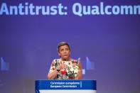 European Antitrust Commissioner Margrethe Vestager talks to journalists during a news conference at the European Commission headquarters in Brussels, Thursday, July 18, 2019. The European Union has fined U.S. chipmaker Qualcomm $271 million, accusing it of "predatory pricing". (AP Photo/Francisco Seco)