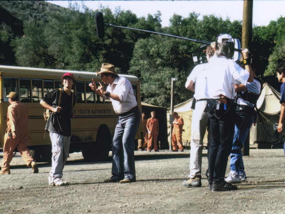 cast of holes filming a scene from the movie