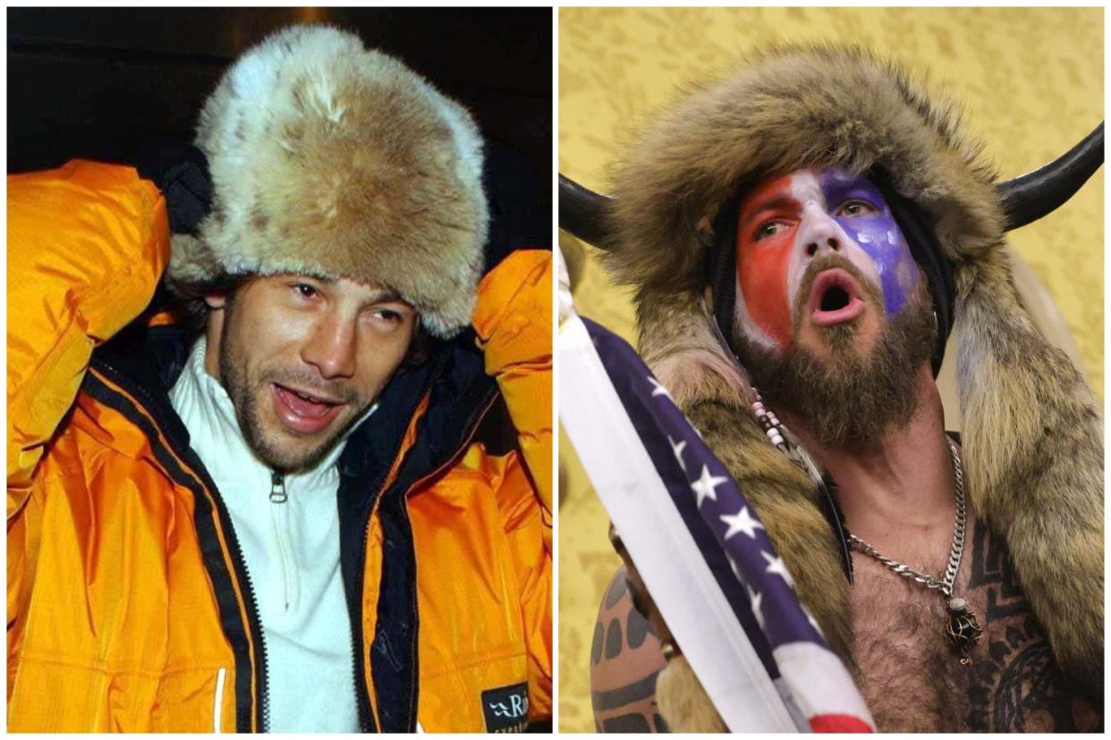 <p>Who’s who? Jamiroquai’s Jay Kay (left) was likened on Twitter to one of the US Capitol protesters (right) </p> (Getty Images)