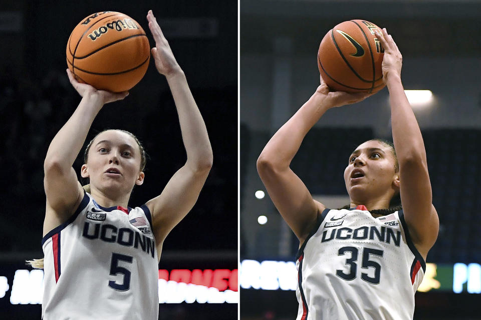 FILE - Connecticut's Paige Bueckers, in left photo, shoots during the first half of a second-round women's college basketball game against Central Florida in the NCAA tournament, March 21, 2022, in Storrs, Conn. Connecticut's Azzi Fudd, in right photo, shoots against Villanova during the second half of an NCAA college basketball game Feb. 9, 2022, in Hartford, Conn. (AP Photoa/Jessica Hill, File)