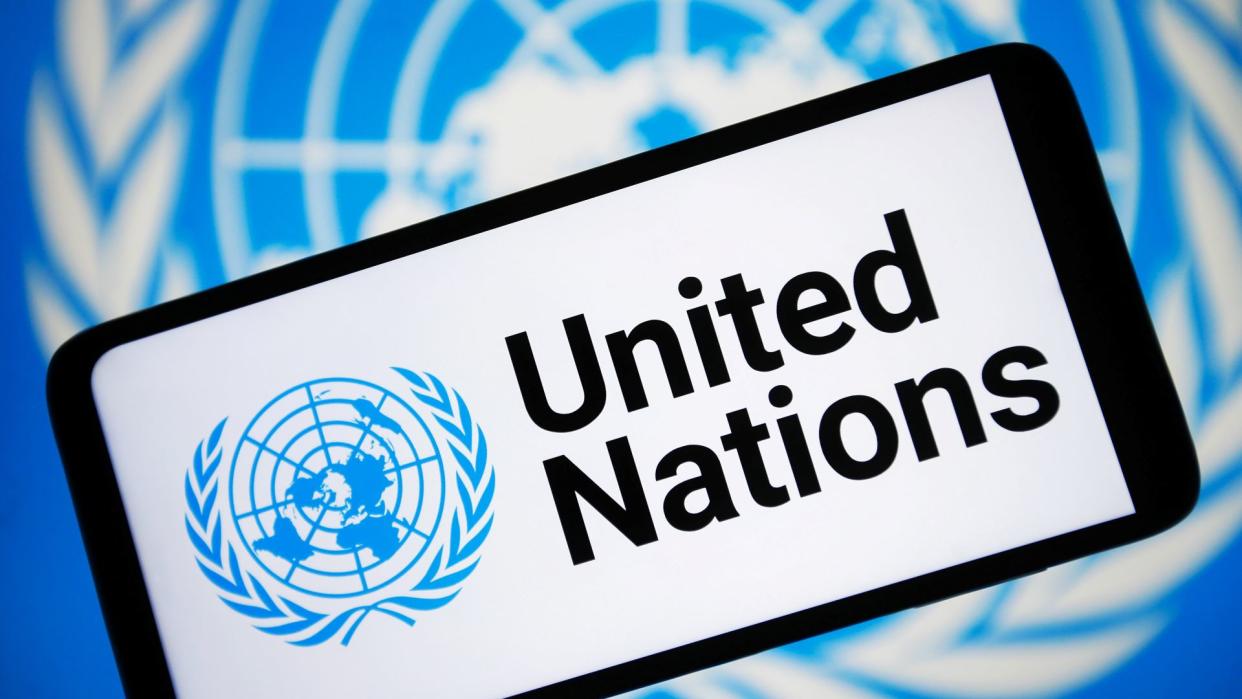  The United Nations (UN) logo is shown on a smartphone screen. 