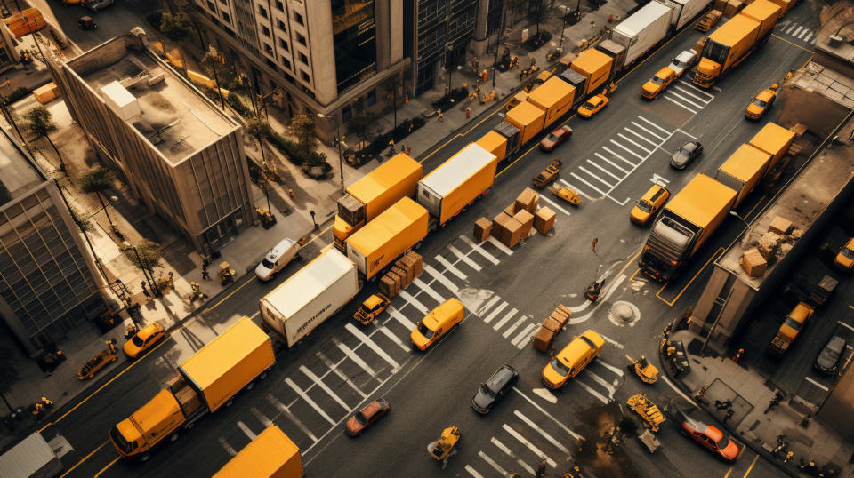 An aerial view of a bustling urban center with delivery vehicles crisscrossing the streets.