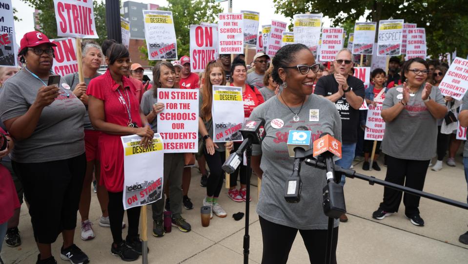 Columbus Education Association spokesperson Regina Fuentes said the strike vote was 94 percent positive for a strike. She spoke outside the Columbus Downtown High School.  The Columbus City Schools teachers union voted to strike Sunday, August 21, 2022.