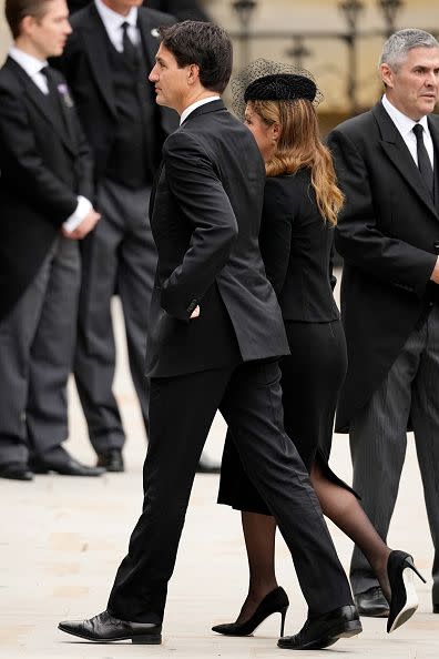 LONDON, ENGLAND - SEPTEMBER 19: Prime Minister of Canada, Justin Trudeau and wife Sophie Grégoire Trudeau arrives ahead of the State Funeral of Queen Elizabeth II at Westminster Abbey on September 19, 2022 in London, England. Elizabeth Alexandra Mary Windsor was born in Bruton Street, Mayfair, London on 21 April 1926. She married Prince Philip in 1947 and ascended the throne of the United Kingdom and Commonwealth on 6 February 1952 after the death of her Father, King George VI. Queen Elizabeth II died at Balmoral Castle in Scotland on September 8, 2022, and is succeeded by her eldest son, King Charles III.  (Photo by Christopher Furlong/Getty Images)