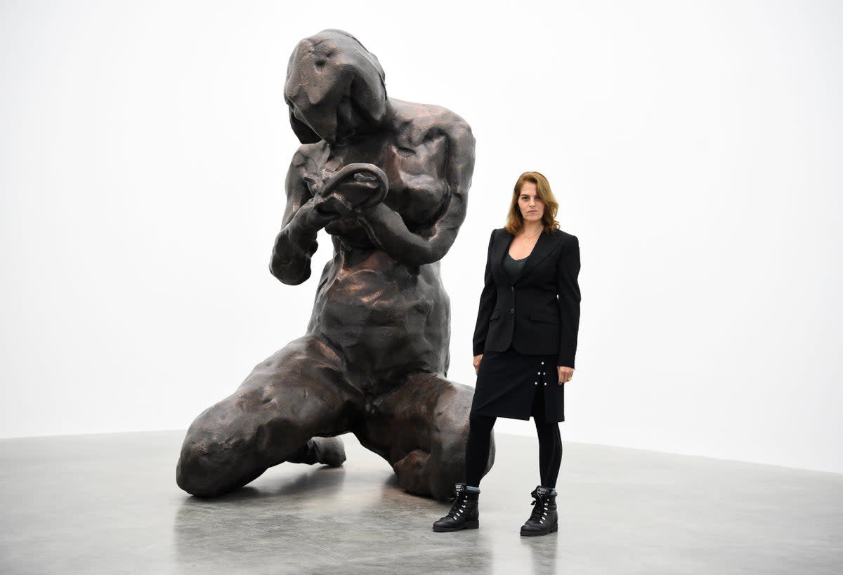 Tracey Emin with her sculpture ‘The Mother’ at the White Cube in London (PA)