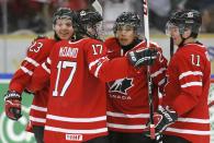 Canada's Sam Reinhart (L) celebrates his goal against the Czech Republic with teammates Connor McDavid (17), Bo Horvat (R) and Matt Dumba during the first period of their IIHF World Junior Championship ice hockey game in Malmo, Sweden, December 28, 2013. REUTERS/Alexander Demianchuk (SWEDEN - Tags: SPORT ICE HOCKEY)