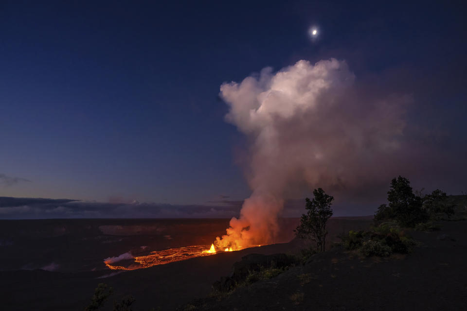 FILE - In this photo provided by the National Park Service, lava spews from the Kilauea volcano in Hawaii, June 7, 2023. This year's lists of the most mispronounced words in the U.S. and Britain were released on Thursday, Dec. 7, by the online language learning company Babbel, and two volcanos — Mexico's Popocatépetl, pronounced Poh-poh-kah-TEH-peh-til, and Hawaii's Kilauea, pronounced Kee-lou-EY-uh — made the list. (Janice Wei/National Park Service via AP, File)