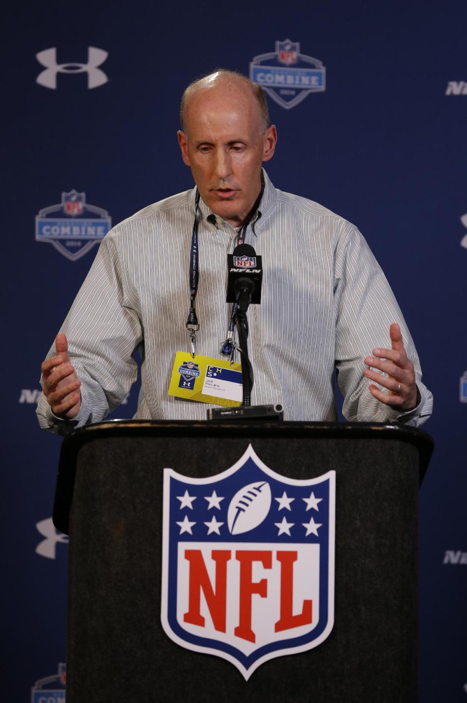 Miami Dolphins head coach Joe Philbin answers a question during a news conference at the NFL football scouting combine in Indianapolis, Thursday, Feb. 20, 2014. (AP Photo/Michael Conroy)
