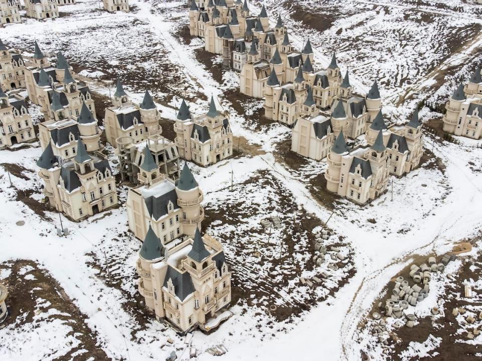 An overhead view of the partially completed development.