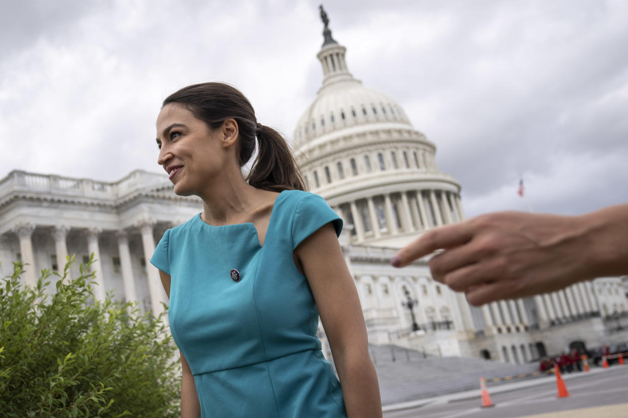 WASHINGTON, DC - SEPTEMBER 21: Rep. Alexandria Ocasio-Cortez (D-NY) arrives for a news conference to introduce legislation that would give the Department of Health and Human Services the power to impose a federal eviction moratorium in the interest of public health, on Capitol Hill September 21, 2021 in Washington, DC. The legislation comes weeks after the Supreme Court blocked the Biden administrations extension of the eviction moratorium. (Photo by Drew Angerer/Getty Images)