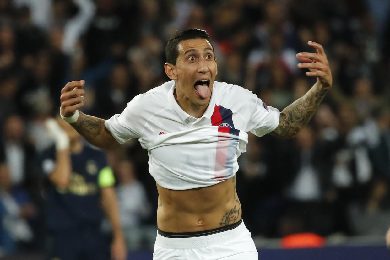 PSG's Angel Di Maria celebrates after scoring his side's second goal during the Champions League group A soccer match between PSG and Real Madrid at the Parc des Princes stadium in Paris, Wednesday, Sept. 18, 2019. (AP Photo/Francois Mori)