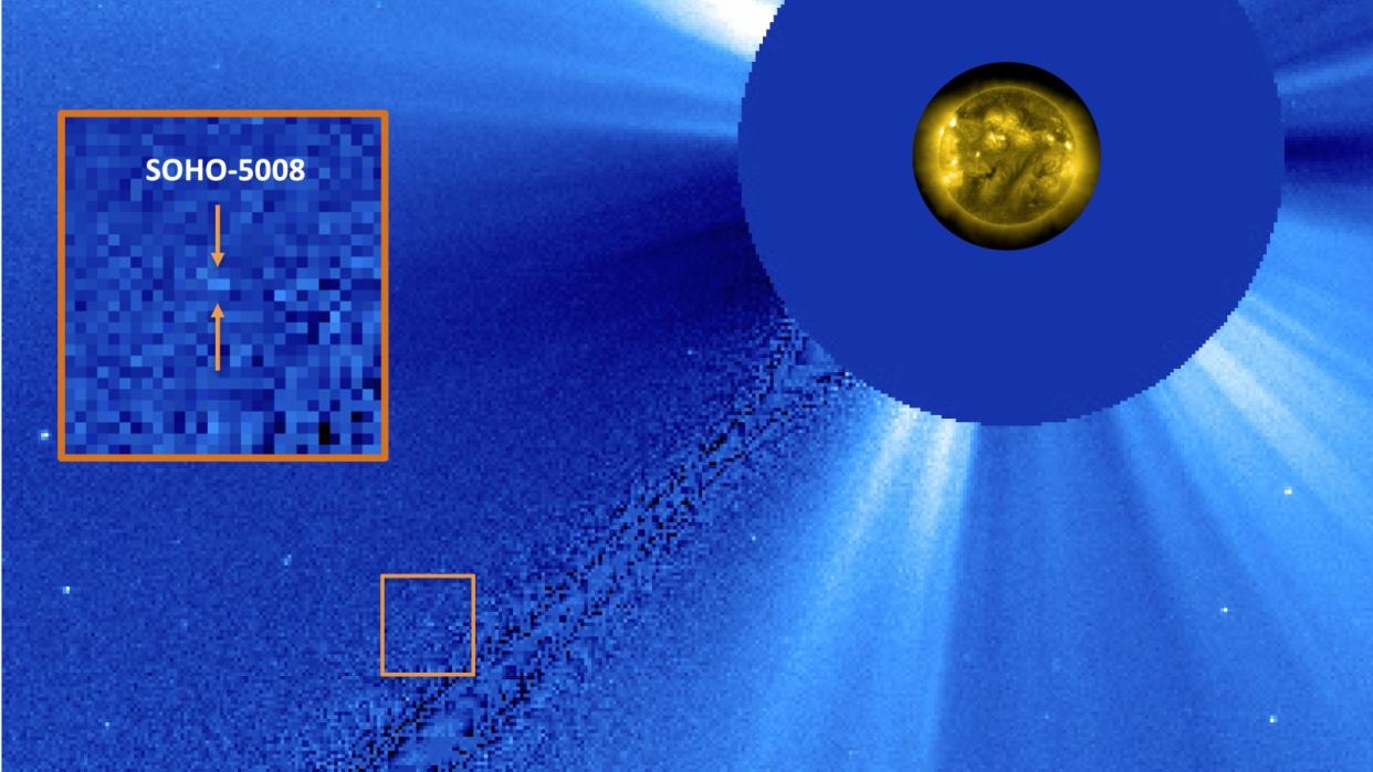  A blue coronagraph with an orange box highlighting the position of the new comet. 