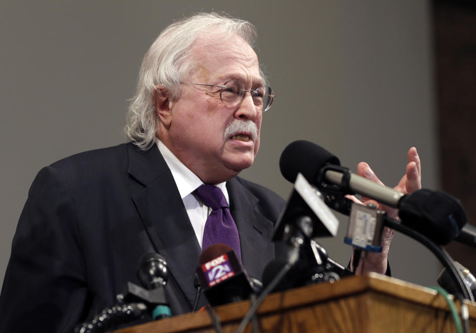 FILE - In this Aug. 18, 2014, file photo, pathologist Dr. Michael Baden speaks during a news conference to share preliminary results of a second autopsy done on Michael Brown in St. Louis County, Mo. Baden, who also testified for O.J. Simpson's defense in the "trial of the century" and helped investigate the assassinations of President John F. Kennedy and Dr. Martin Luther King Jr. is now enmeshed in another high-stakes case. Baden is the private pathologist who observed Jeffrey Epstein's autopsy on his lawyers' behalf. (AP Photo/Jeff Roberson, File)