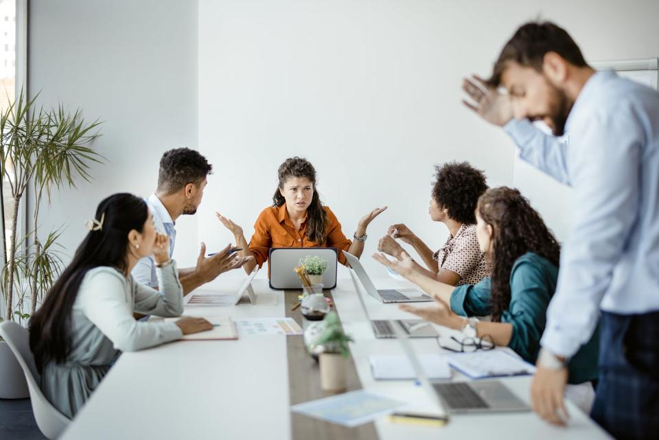 <span class="caption">Group members might react in different ways during a disagreement or for being penalized.</span> <span class="attribution"><a class="link " href="https://www.gettyimages.com/detail/photo/problems-on-a-business-meeting-royalty-free-image/1330679941?adppopup=true" rel="nofollow noopener" target="_blank" data-ylk="slk:PixelsEffect/Collections E+ via Getty Images;elm:context_link;itc:0;sec:content-canvas">PixelsEffect/Collections E+ via Getty Images</a></span>