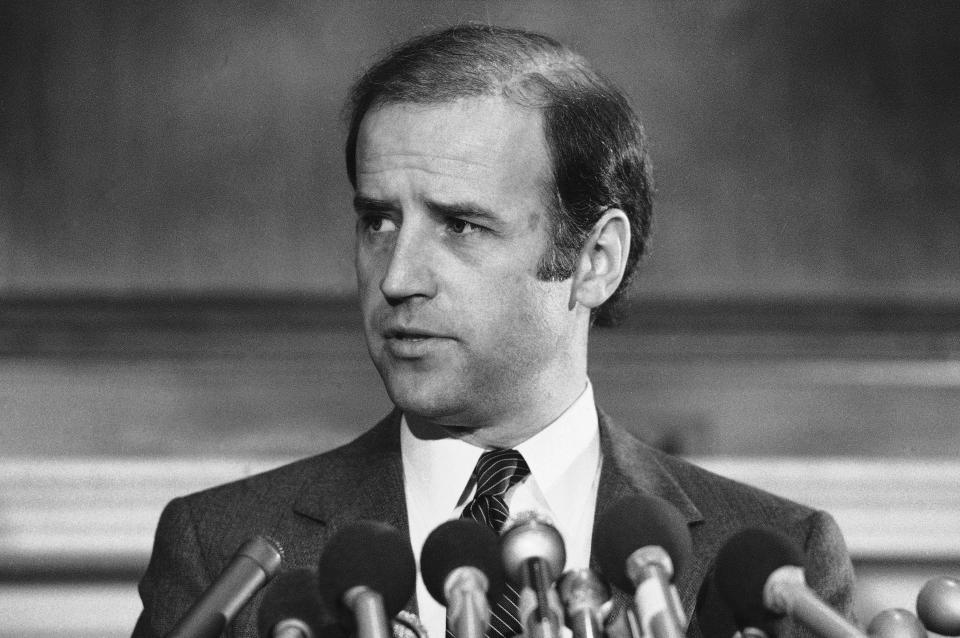 Sen. Joseph Biden, D-Del., holds a Capitol Hill news conference in Washington, March 30, 1983, speaking on behalf of 15 senators who have written President Reagan urging reduction in the number of short-range NATO nuclear weapons in Europe. (AP Photo/Ron Edmonds)