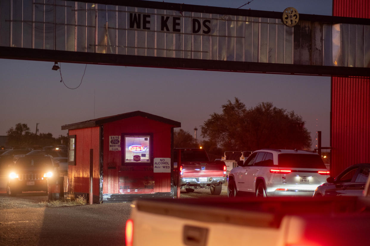 Cars line up Friday night at the Tascosa Drive-in's final show in Amarillo.