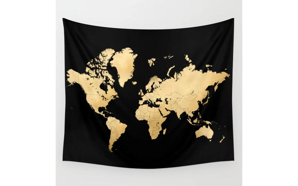 Black and Gold World Map Wall Tapestry by blursbyaiShop