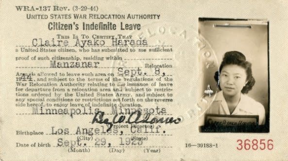 Citizen's Indefinite Leave Pass for Claire Ayako Harada, September 8, 1944