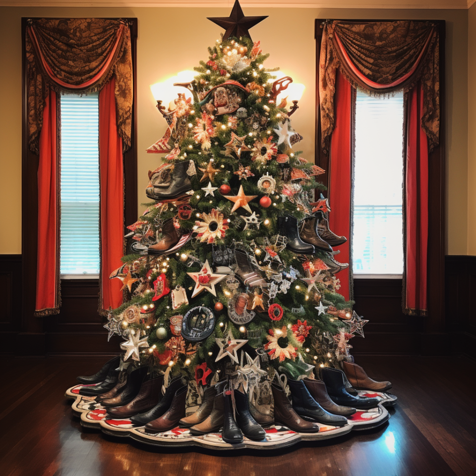 A rustic Christmas tree that's covered in lights and various ornaments with a star on top and some cowboy boots underneath it