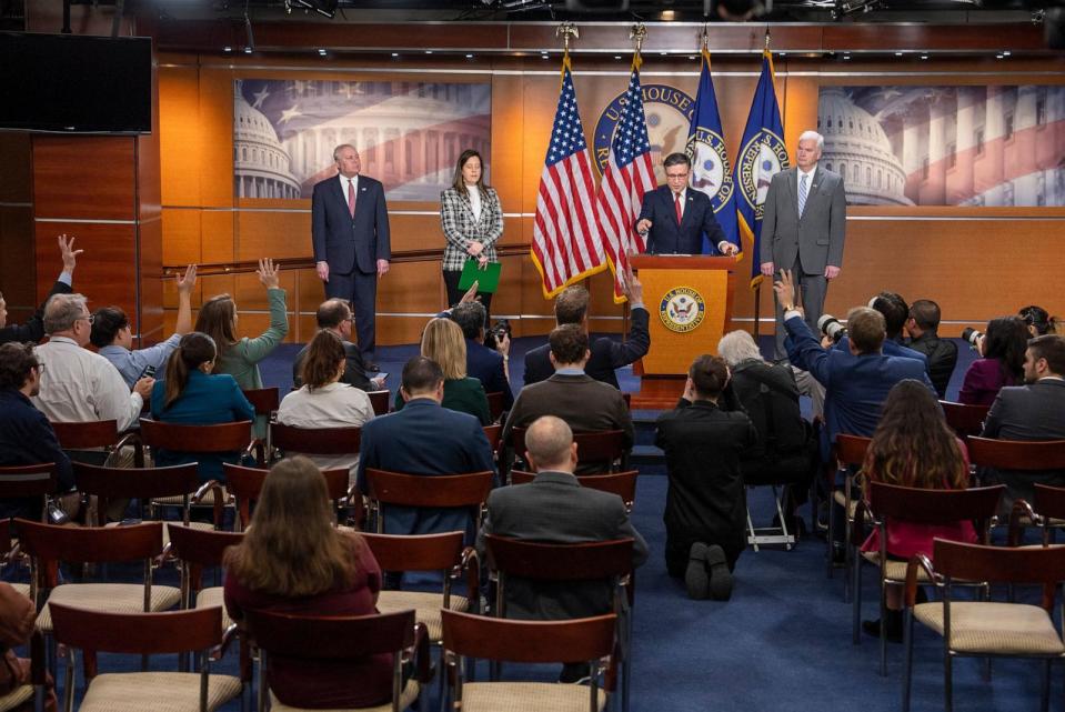 PHOTO: Speaker of the House Mike Johnson speaks to reporters on Capitol Hill in Washington, D.C., on Nov. 14, 2023. (Ken Cedeno/UPI via Shutterstock)