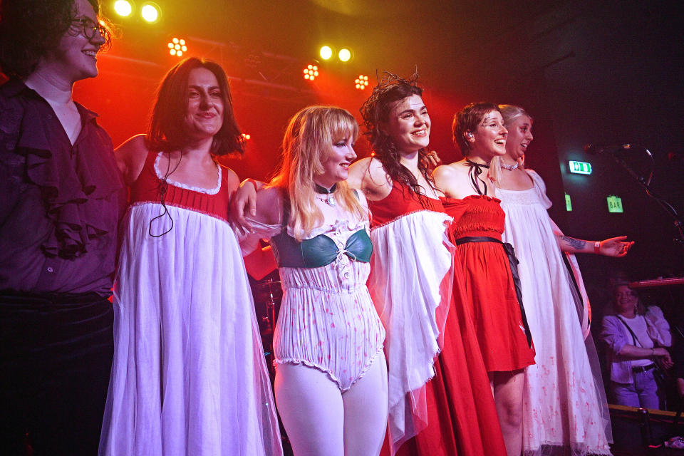 LONDON, ENGLAND - JUNE 13: (2ndL-R) Keyboardist Aurora Nishevci, guitarist Emily Roberts, singer Abigail Morris, guitarist Lizzie Mayland and bassist Georgia Davies of The Last Dinner Party perform at Oslo, Hackney on June 13, 2023 in London, England. (Photo by Jim Dyson/Getty Images)