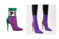 <p>Brian Atwood for Victoria’s Secret “Pink” two-tone sock booties, left, and Public Desire contrast sock boots, <a rel="nofollow noopener" href="https://www.publicdesire.com/us/staple-pointy-contrast-sock-boots-in-purple-stretch-and-orange-patent" target="_blank" data-ylk="slk:$59.99 Public Desire;elm:context_link;itc:0;sec:content-canvas" class="link ">$59.99 Public Desire</a> (Photo: Victoria’s Secret/Public Desire) </p>