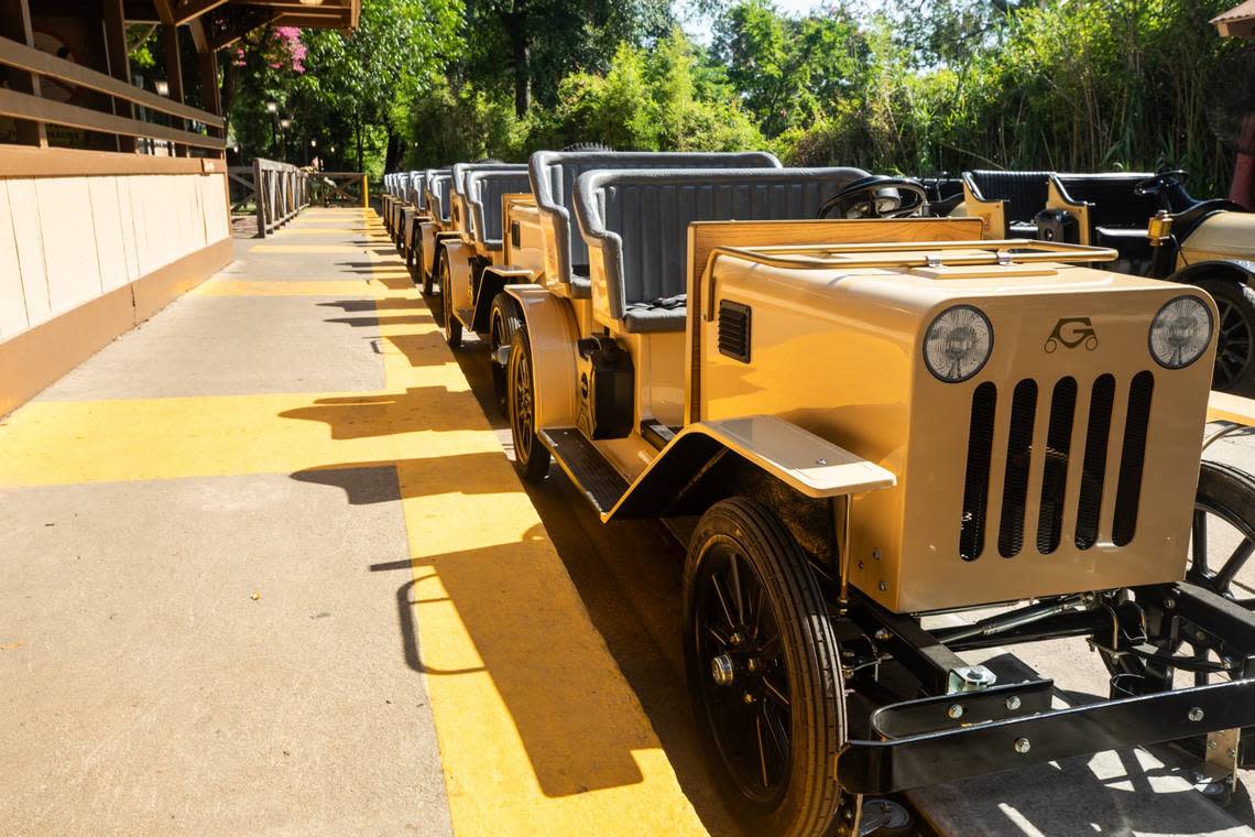 The carts used for Six Flags Over Texas’ ride, Dino Off Road Adventure, are the same Chaparral antique cars revamped for Dino Off Road Adventure.