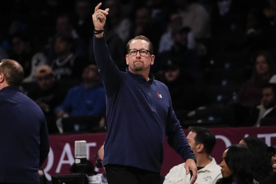 Philadelphia 76ers head coach Nick Nurse gestures to his players during the second half of a preseason NBA basketball game against the Brooklyn Nets, Monday, Oct. 16, 2023, in New York. (AP Photo/Frank Franklin II)