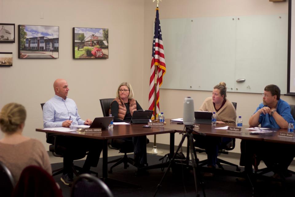 Creswell School District Superintendent Mike Johnson, left, pictured with school board members Debi Wilkerson, Kandice Lemhouse Worsham and Tim Rogers at the Creswell School District Board of Directors meeting on Wednesday, Nov. 8, 2023.