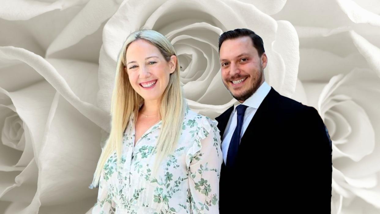 Theodora and Matthew on white rose backdrop