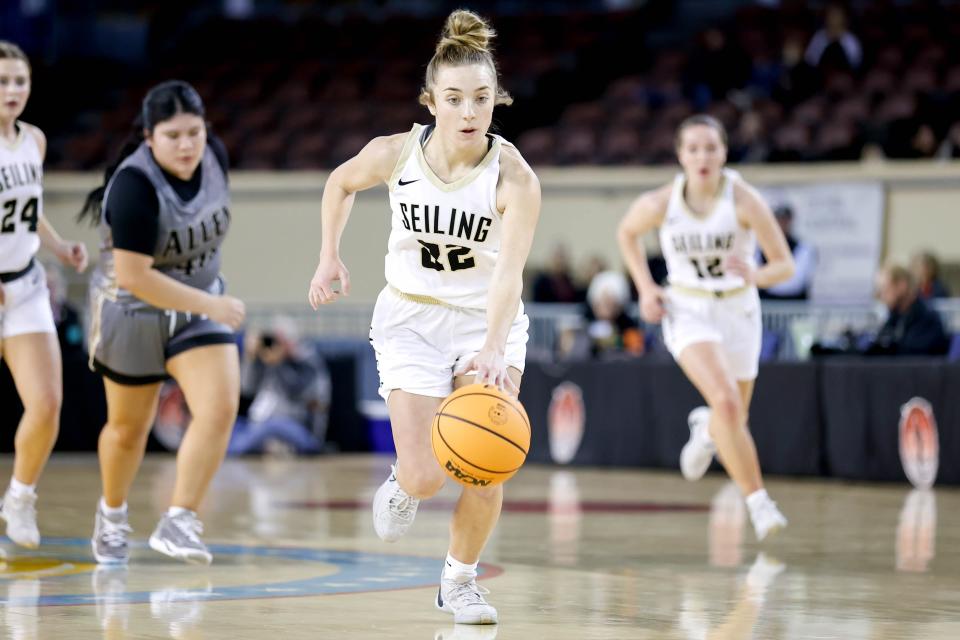 Seiling’s Kenly Gore (22) steals the ball and works up court to lay up the ball during a Class A state quarterfinal girls high school basketball game between Seiling and Allen at Jim Norick Arena in Oklahoma City on Thursday, Feb. 29, 2024.