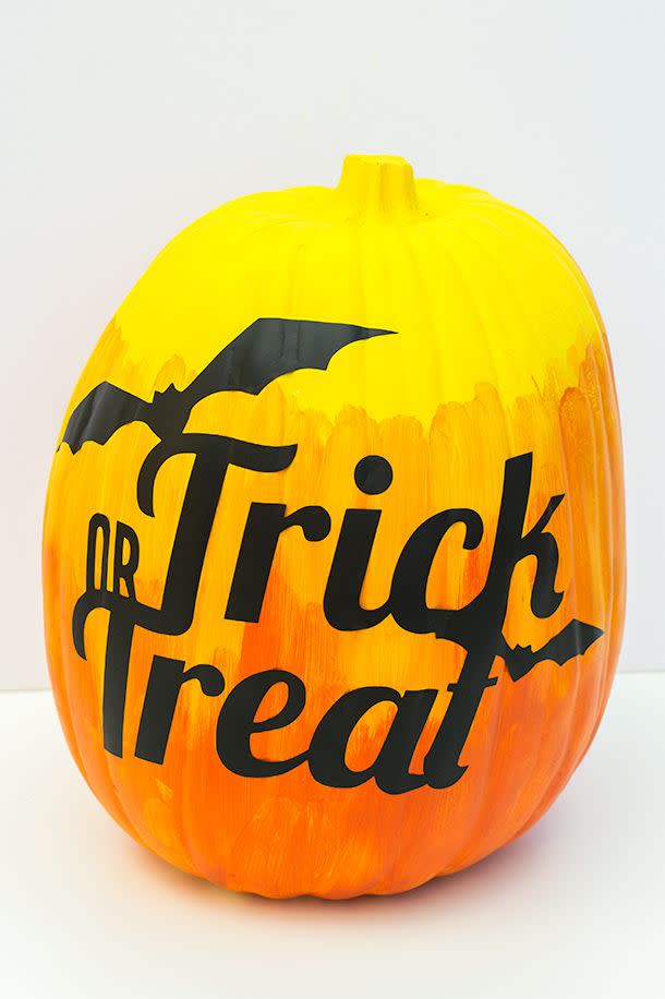 <p>Finish off a painted pumpkin with a <span class="redactor-unlink">Halloween decal</span> for a look that's way easier than carving or stenciling.</p><p><em><a href="http://sarahhearts.com/2013-10-07/trick-treat-pumpkin/" rel="nofollow noopener" target="_blank" data-ylk="slk:Get the tutorial at Sarah Hearts »;elm:context_link;itc:0;sec:content-canvas" class="link ">Get the tutorial at Sarah Hearts »</a></em></p>