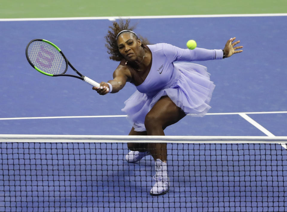 Serena Williams returns a shot to Anastasija Sevastova, of Latvia, during the semifinals of the U.S. Open tennis tournament, Thursday, Sept. 6, 2018, in New York. (AP Photo/Frank Franklin II)