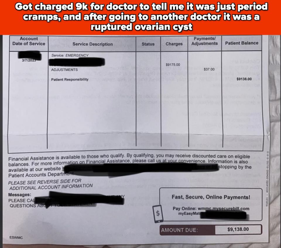 A medical bill shows a total due of $9,138.00 for emergency services, with a handwritten note indicating a misdiagnosis issue