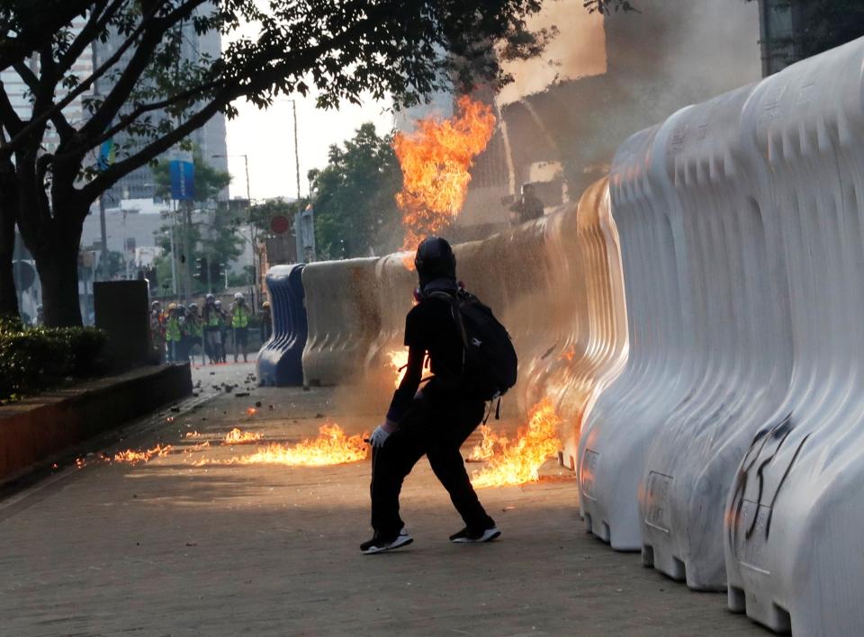 An anti-government protester outside the government complex on Sunday (Tyrone Siu/Reuters)