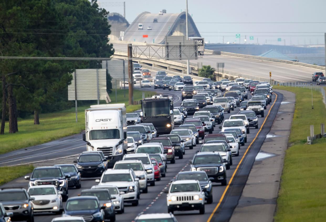 Interstate 10, near Slidell, La., is packed with evacuees heading east on Saturday, Aug. 28, 2021, as Hurricane Ida approaches.