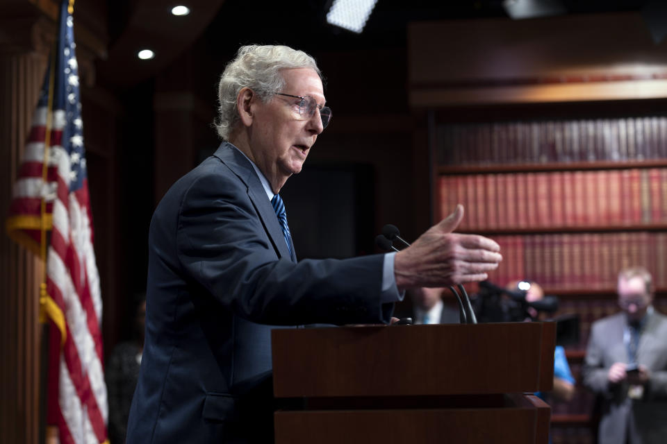 Senate Minority Leader Mitch McConnell, R-Ky., praises support for Ukraine as the Senate is on track to pass $95 billion in war aid to Ukraine, Israel and Taiwan, at the Capitol in Washington, Tuesday, April 23, 2024. (AP Photo/J. Scott Applewhite)