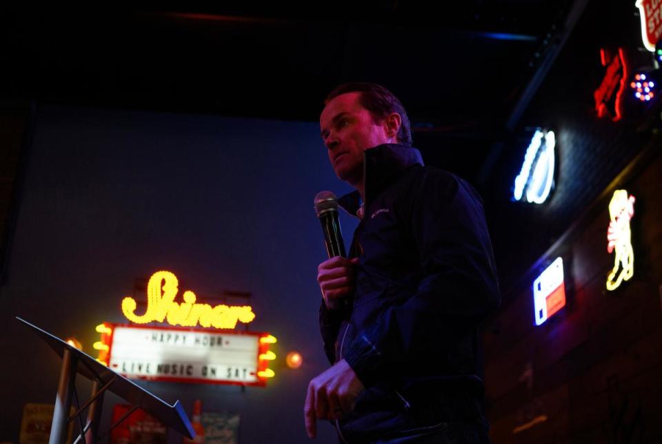 Texas House Speaker Dade Phelan addresses the crowd during a Get Out the Vote Rally on Thursday, February 29, 2024, in Vidor, Texas. Deep fissures within the Republican Party have placed Phelan as the No. 1 enemy of Texas’ far-right conservatives.