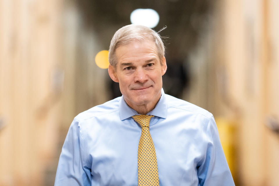 WASHINGTON - JANUARY 17: Rep. Jim Jordan, R-Ohio, arrives for the House Repubican Conference caucus meeting in the U.S. Capitol on Wednesday, January 17, 2024. (Bill Clark/CQ-Roll Call, Inc via Getty Images)