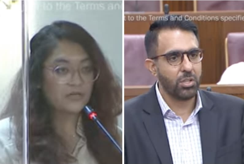 Workers' Party MP Raeesah Khan and WP chief Pritam Singh speaking in Parliament. (SCREENSHOTS: Ministry of Communications and Information/YouTube)
