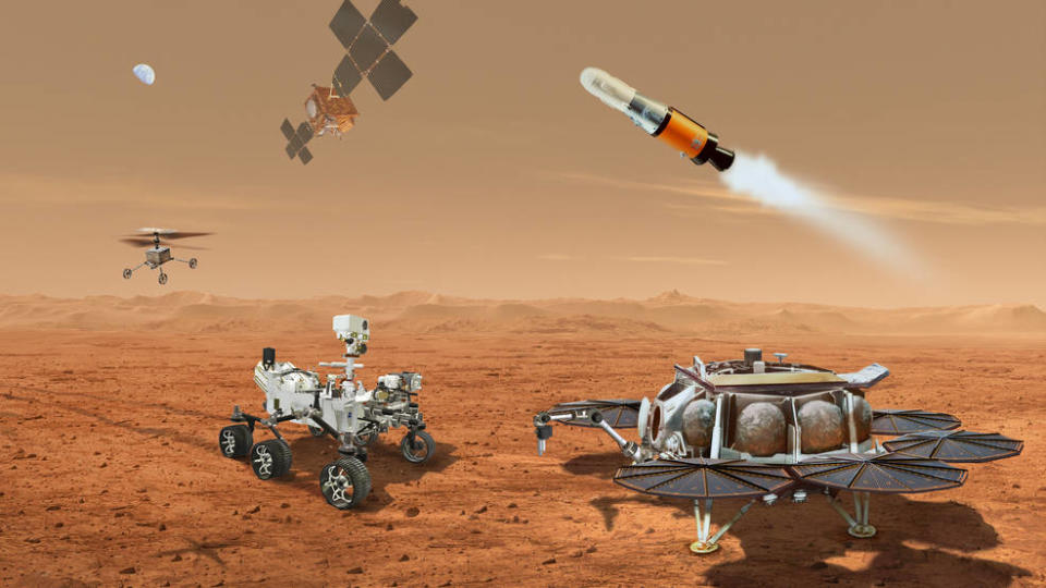 <div class="inline-image__caption"><p>This illustration shows a concept for multiple robots that would team up to ferry to Earth samples collected from the Mars surface by NASA's Mars Perseverance rover.</p></div> <div class="inline-image__credit">NASA/JPL-Caltech</div>